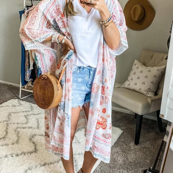 Women's Summer Long Flowy Kimono Cardigans Boho Chiffon Beach Cover Up Tops - Picture 3 of 5